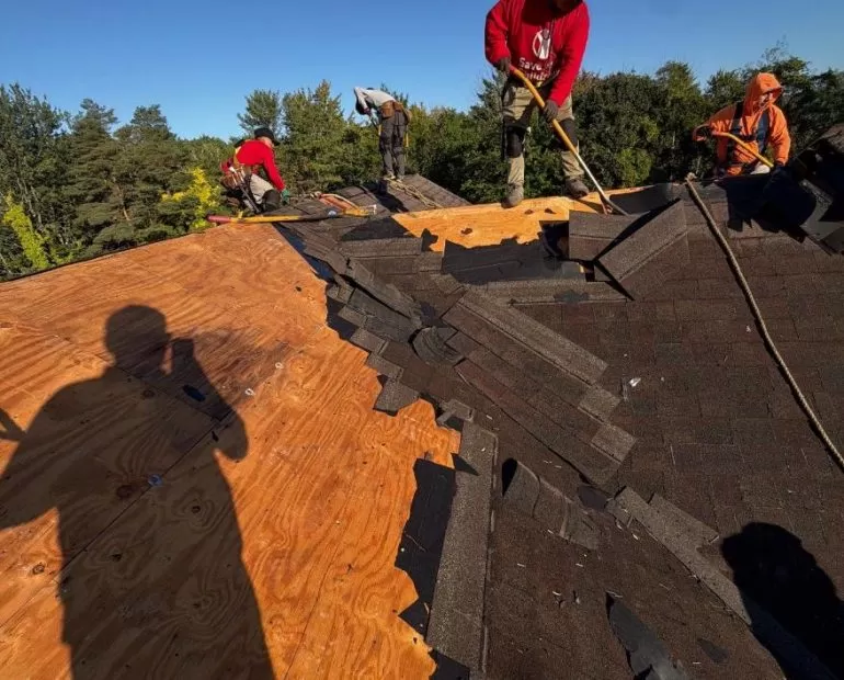 Roof Decking Inspection After Shingle Tear-Off: What Roofers Check roof decking inspection after shingle tear off Roof decking inspection after shingle tear-off with exposed plywood and removed asphalt shingles