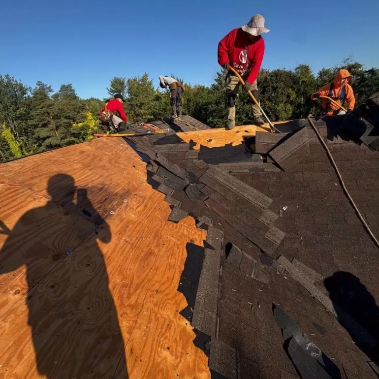 Roof Decking Inspection After Shingle Tear-Off: What Roofers Check roof decking inspection after shingle tear off Roof decking inspection after shingle tear-off with exposed plywood and removed asphalt shingles