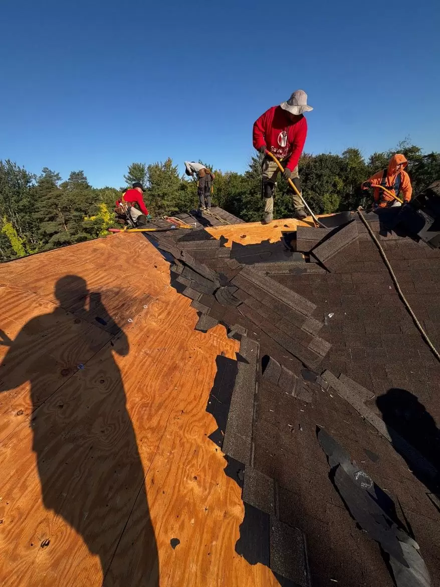Roof decking inspection after shingle tear-off with exposed plywood and removed asphalt shingles